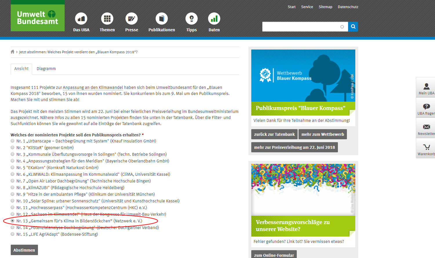 „Gemeinsam für’s Klima in Bilderstöckchen”: Projekt unter Beteiligung der Bürgerstiftung Köln wurde jetzt für den „Blauen Kompass 2018“ nominiert 